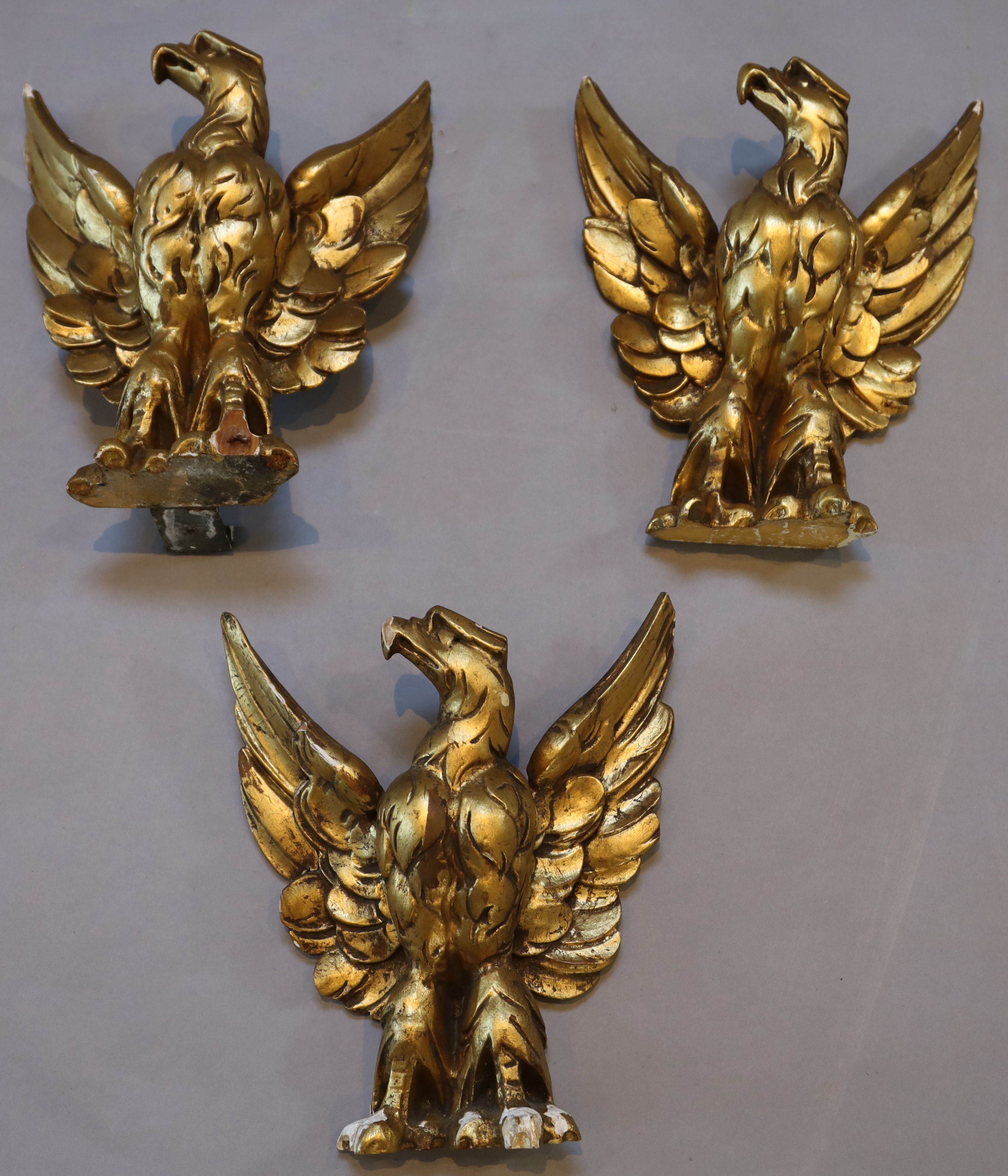 A set of three carved giltwood heraldic eagles, width 24cm height 26cm